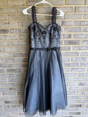 Vtg 90s De Laru Whimsigoth Beaded Lace Tulle Prom Dress Silver Black 9/10